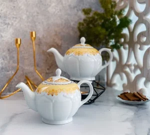 قوری چینی سفید طرح طلاکوب داتیس