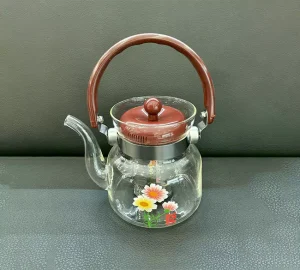 قوری پیرکس صافی استیل دسته بالا گلدار