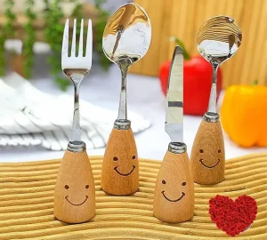 فروش عمده ست قاشق و چنگال دسته بامبو طرح لبخند