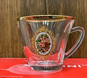 فروش عمده فنجان چای خوری گل رز لب طلا