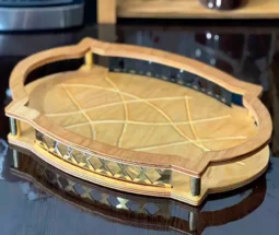 فروش عمده سینی چوبی بیضی لبه دار طلایی