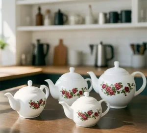 فروش عمده قوری چینی طرح گل سرخی تپل