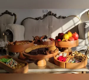 فروش عمده ست ظروف پذیرایی چوب راش گنجشک