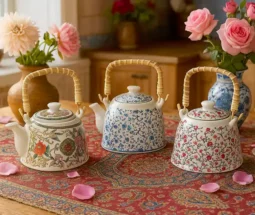 فروش عمده قوری دسته حصیری طرح گلدار