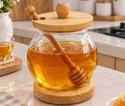 فروش عمده عسل خوری شیشه ای زیره چوبی