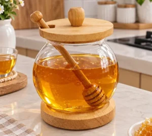 فروش عمده عسل خوری شیشه ای زیره چوبی